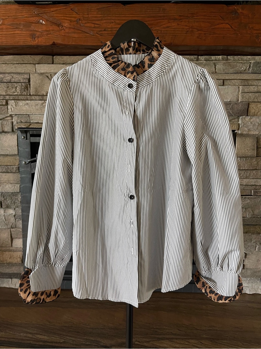 Pinstripe Leopard Ruffle Collar Puff Sleeve Button Blouse